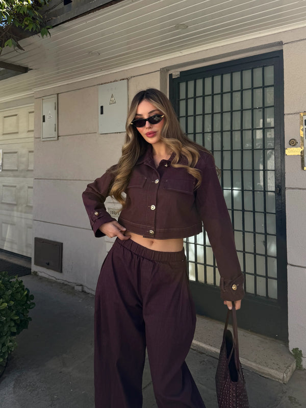 Mürdüm Kot Crop Ceket Pantolon Takım - 51244