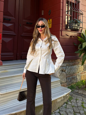 Ekru Belden Oturtmalı Poplin Gömlek - 1616