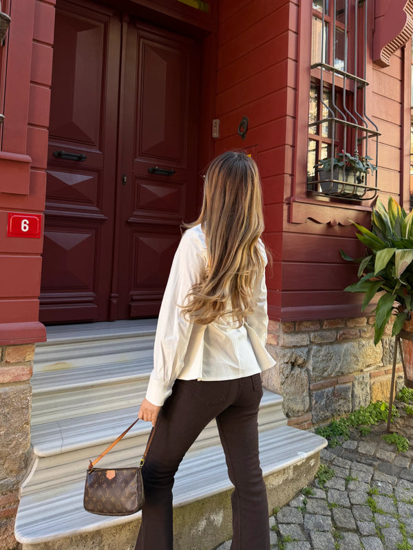 Ekru Belden Oturtmalı Poplin Gömlek - 1616