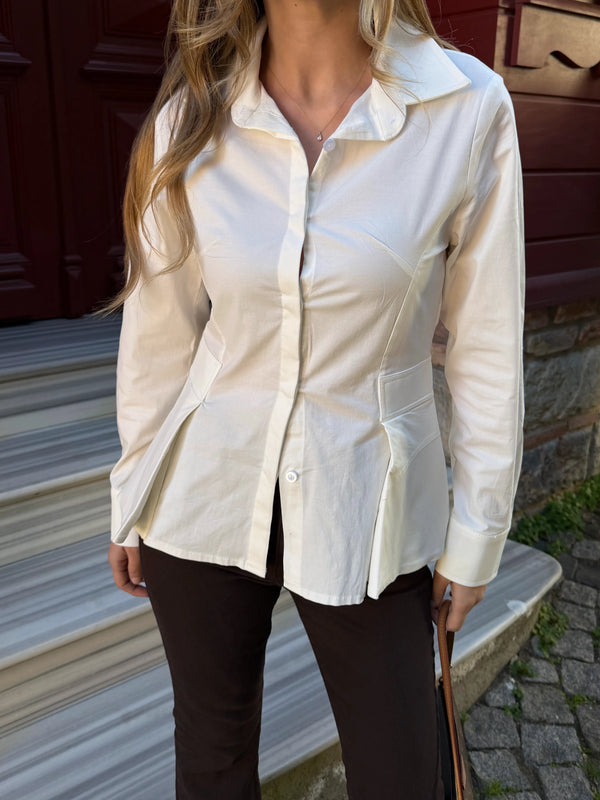 Ekru Belden Oturtmalı Poplin Gömlek - 1616
