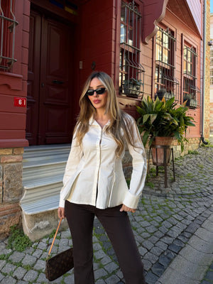 Ekru Belden Oturtmalı Poplin Gömlek - 1616