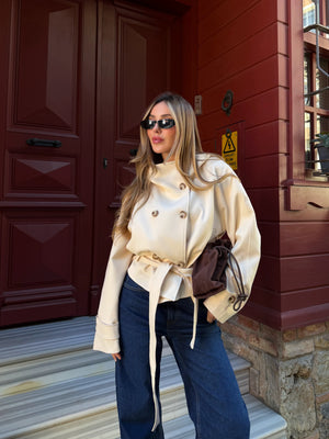 Taş Dik Yakalı Kuşaklı Trençkot - 501326