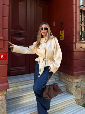 Taş Dik Yakalı Kuşaklı Trençkot - 501326