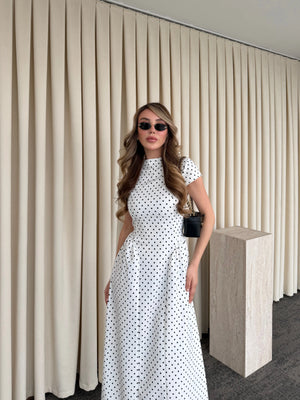 Beyaz Puantiyeli Uzun Elbise - 5092
