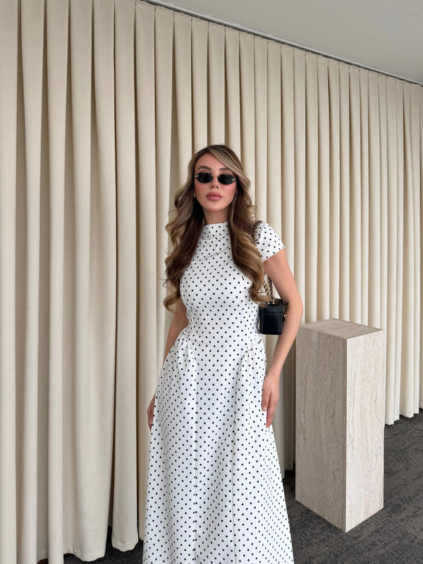 Beyaz Puantiyeli Uzun Elbise - 5092