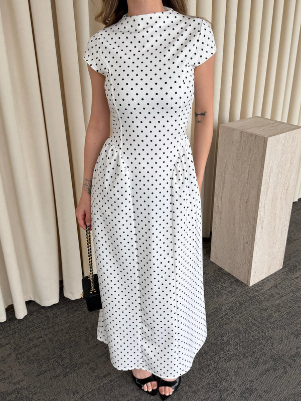 Beyaz Puantiyeli Uzun Elbise - 5092