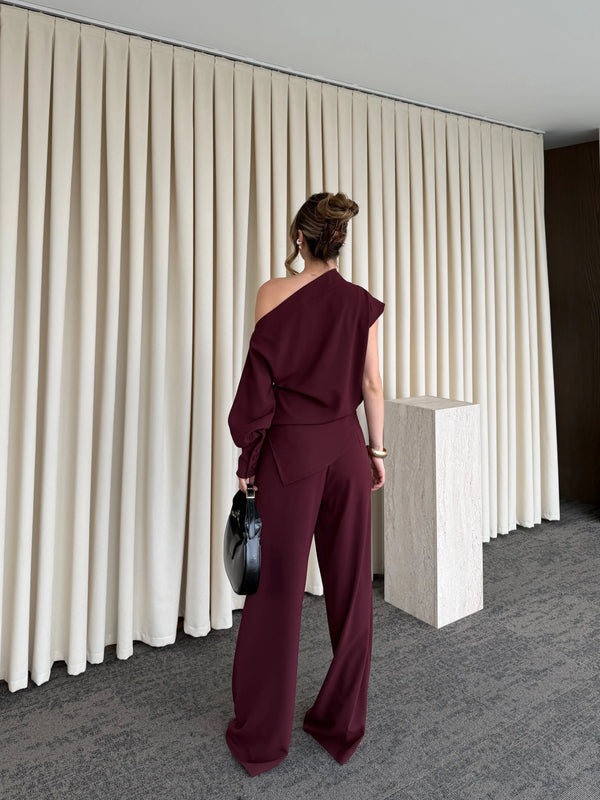 Mürdüm Tek Omuz Bluz Pantolon Takım - 7009
