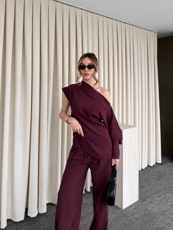 Mürdüm Tek Omuz Bluz Pantolon Takım - 7009