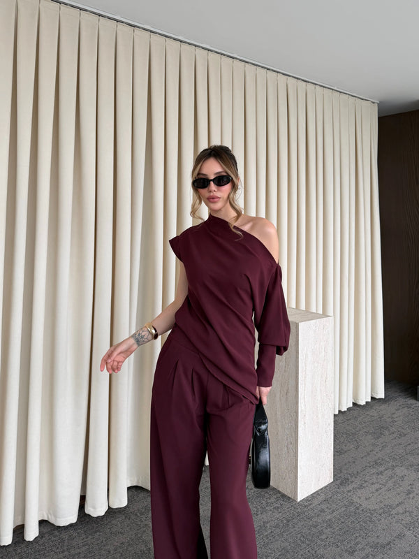 Mürdüm Tek Omuz Bluz Pantolon Takım - 7009