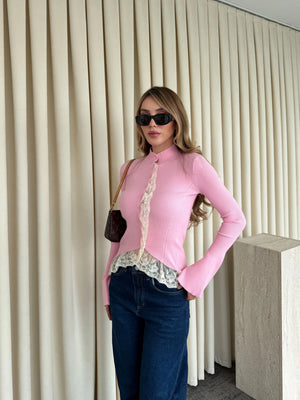 Pembe Dantel Detaylı Tasarım Hırka - TH261017