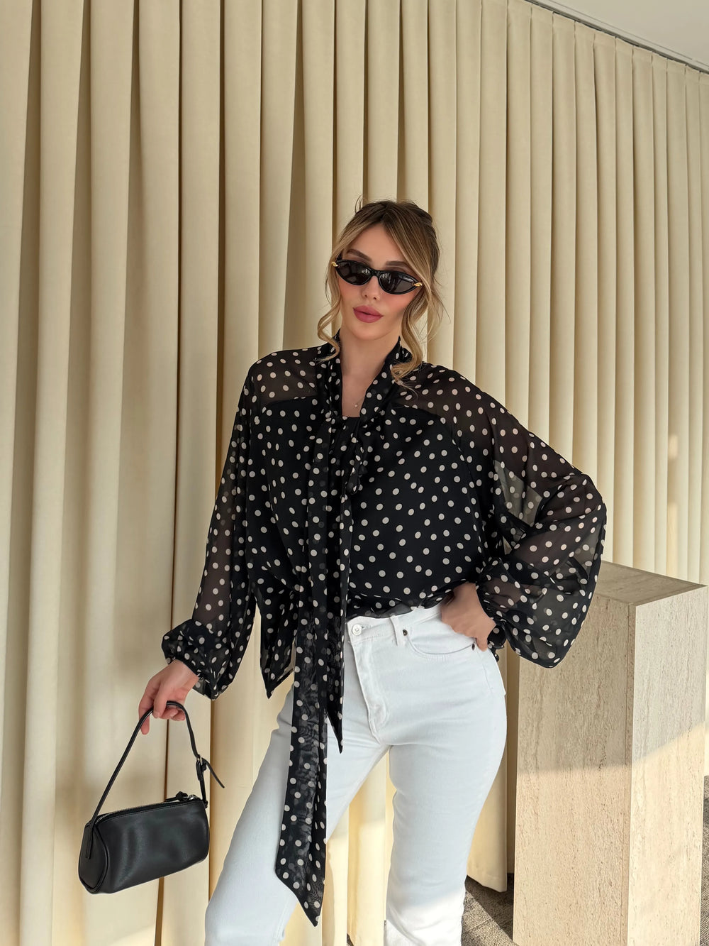 Siyah Bağlamalı Puantiyeli Şifon Bluz - 71772