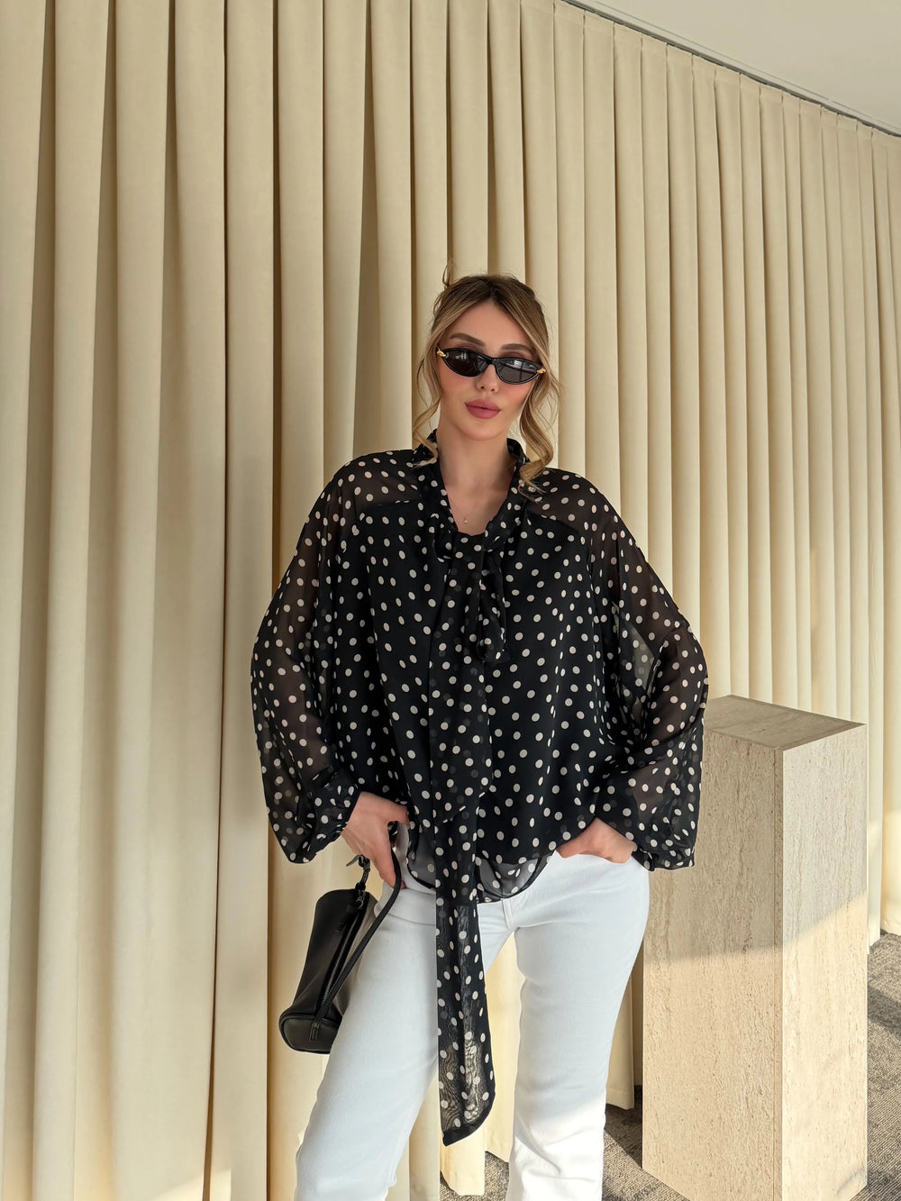 Siyah Bağlamalı Puantiyeli Şifon Bluz - 71772