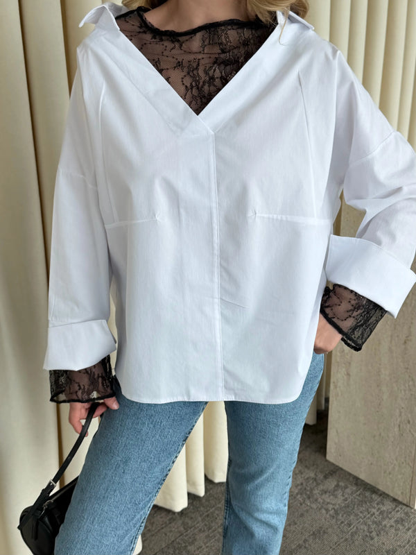 Beyaz İçi Dantelli Gömlek - 0826