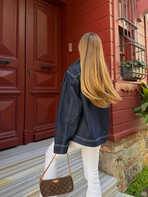 Lacivert Yakası Bağlama Detaylı Denim Ceket - 0943