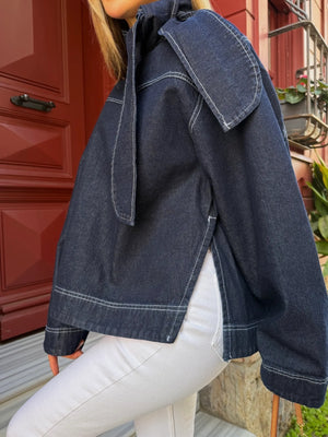 Lacivert Yakası Bağlama Detaylı Denim Ceket - 0943