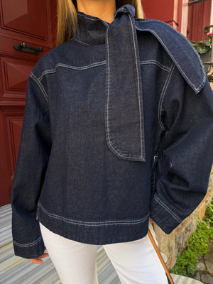 Lacivert Yakası Bağlama Detaylı Denim Ceket - 0943