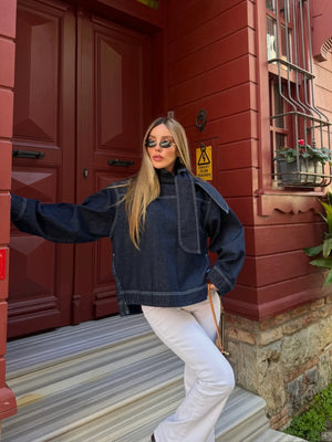 Lacivert Yakası Bağlama Detaylı Denim Ceket - 0943