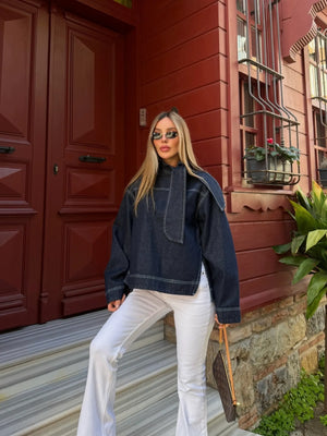 Lacivert Yakası Bağlama Detaylı Denim Ceket - 0943