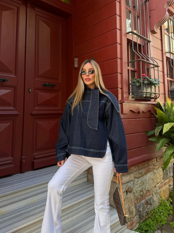 Lacivert Yakası Bağlama Detaylı Denim Ceket - 0943