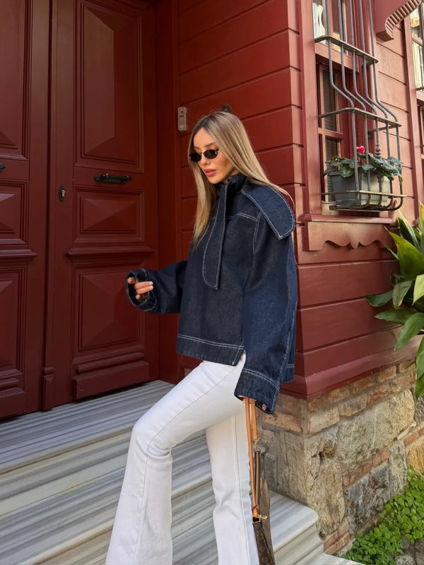 Lacivert Yakası Bağlama Detaylı Denim Ceket - 0943