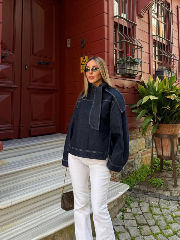 Lacivert Yakası Bağlama Detaylı Denim Ceket - 0943