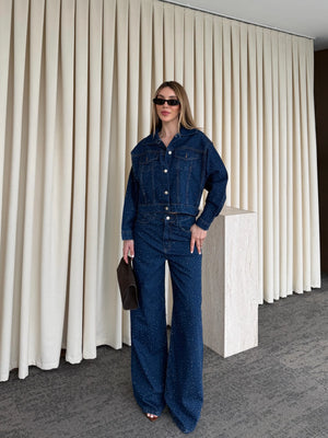 Lacivert Taşlı Denim Takım - 1231