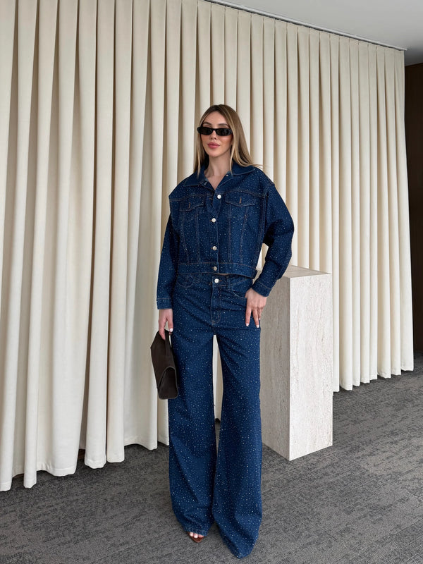 Lacivert Taşlı Denim Takım - 1231