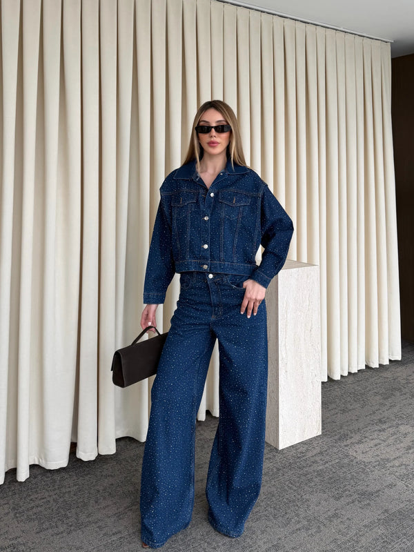 Lacivert Taşlı Denim Takım - 1231