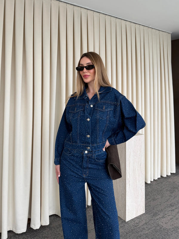 Lacivert Taşlı Denim Takım - 1231