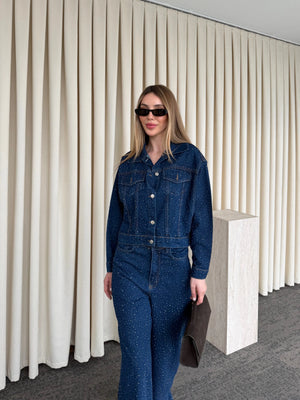 Lacivert Taşlı Denim Takım - 1231