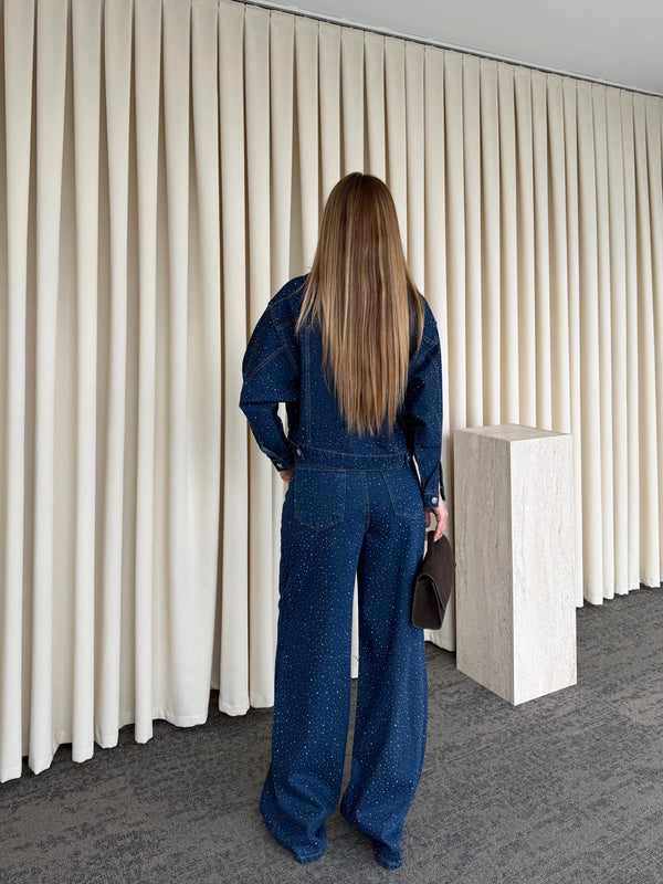 Lacivert Taşlı Denim Takım - 1231