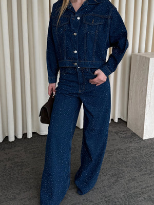 Lacivert Taşlı Denim Takım - 1231