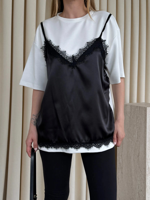 Ekru Saten Dantelli Bluz - 1084