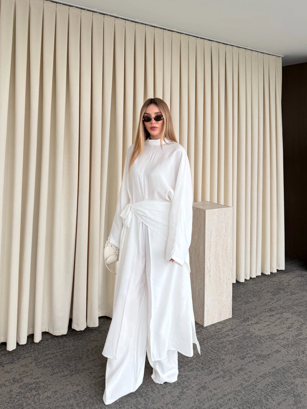 Ekru Bağlama Aksesuarlı Kimono Takım- 8428