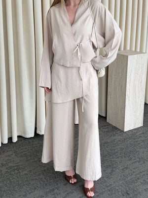 Bej Pantolon Ek Parça Detaylı Kimono Takım - 8009