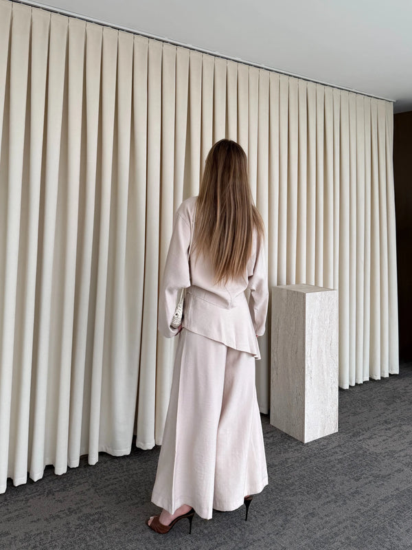 Bej Pantolon Ek Parça Detaylı Kimono Takım - 8009