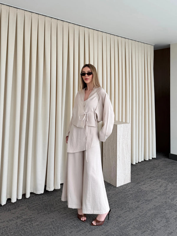 Bej Pantolon Ek Parça Detaylı Kimono Takım - 8009