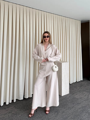 Bej Pantolon Ek Parça Detaylı Kimono Takım - 8009