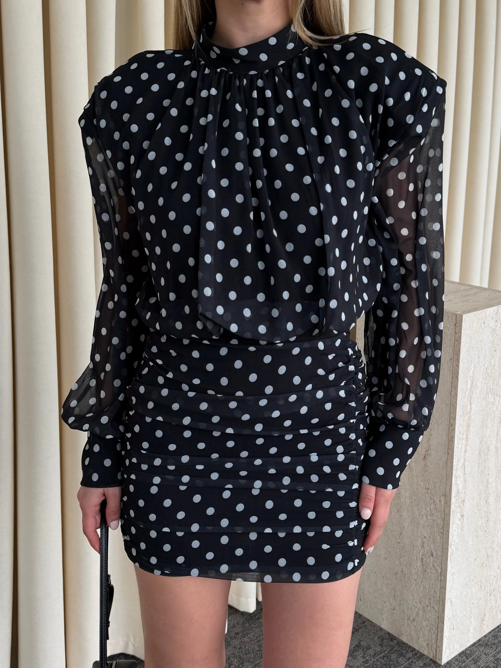 Siyah Puantiyeli Mini Elbise - 6261