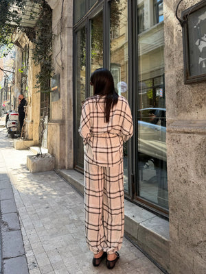 Kahverengi Ekose Kimono Şalvar Takım - 0993