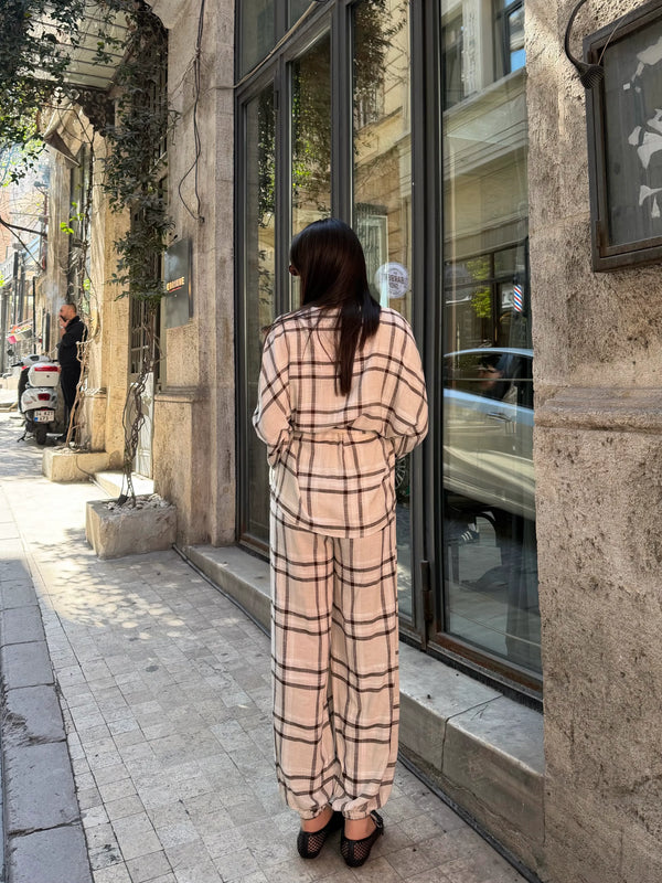 Kahverengi Ekose Kimono Şalvar Takım - 0993