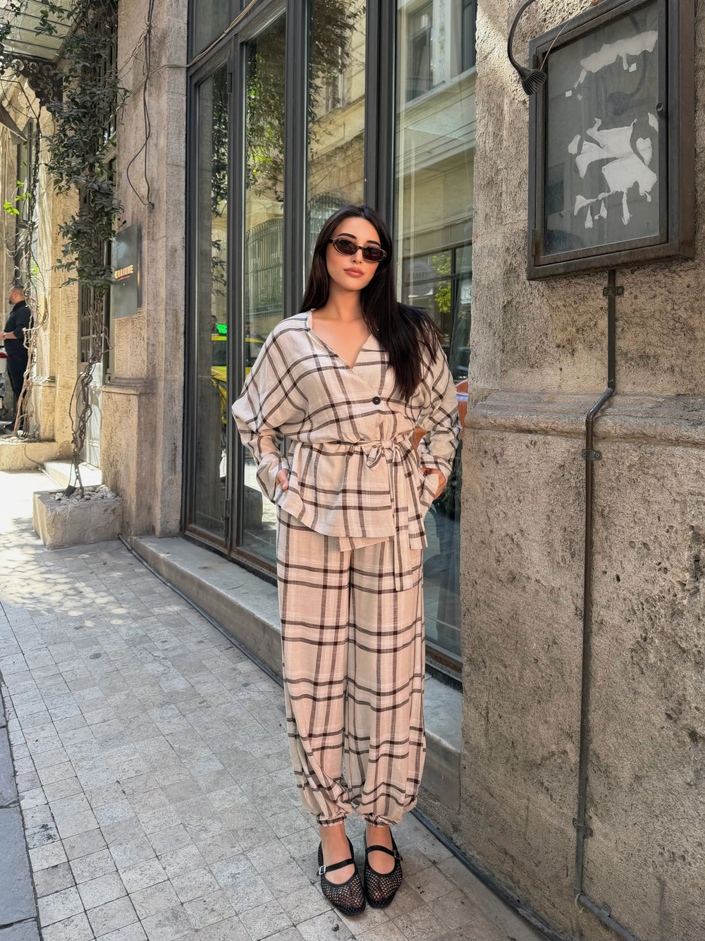 Kahverengi Ekose Kimono Şalvar Takım - 0993