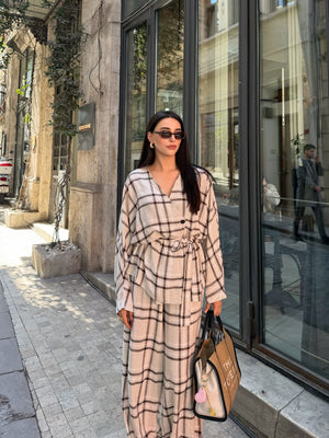 Kahverengi Ekose Kimono Şalvar Takım - 0993