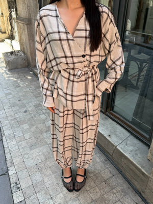 Kahverengi Ekose Kimono Şalvar Takım - 0993