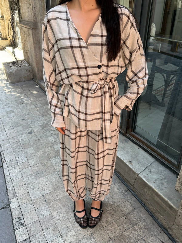 Kahverengi Ekose Kimono Şalvar Takım - 0993