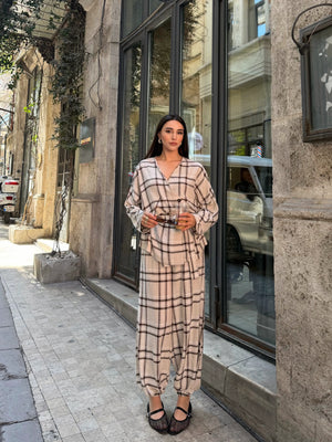 Kahverengi Ekose Kimono Şalvar Takım - 0993