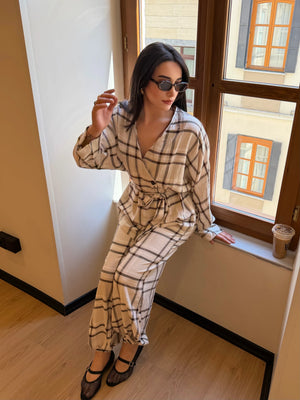Kahverengi Ekose Kimono Şalvar Takım - 0993