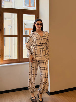 Kahverengi Ekose Kimono Şalvar Takım - 0993