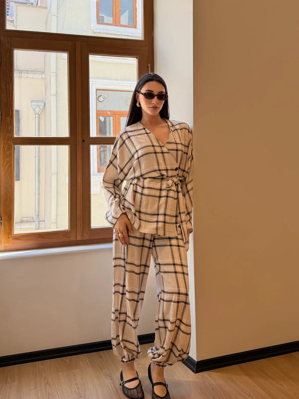Kahverengi Ekose Kimono Şalvar Takım - 0993