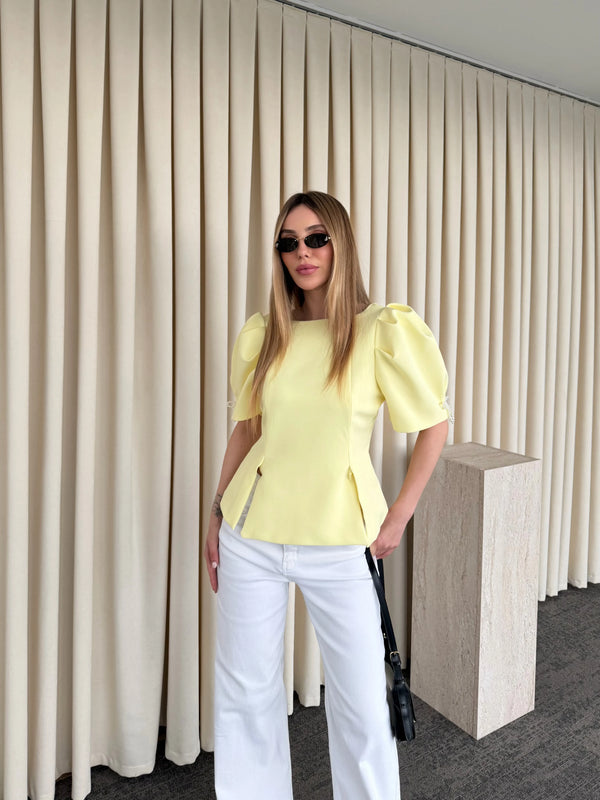 Sarı Kolu İnci Fiyonk Detaylı Bluz - 5001